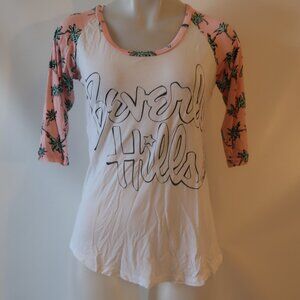 Lauren Moshi Pink White Palm Tree Beverly Hills Graphic Baseball T-Shirt Top S *